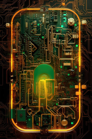 abstract circuit board with glowing keyhole, created with generative aiの素材