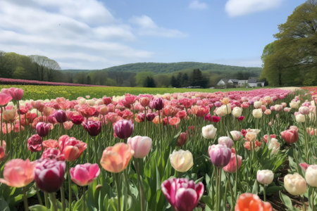 a photo of a field with pink tulips in bloom, created with generative aiの素材