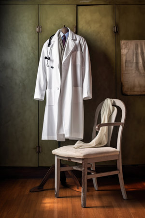 doctors white coat draped over chair, created with generative aiの素材