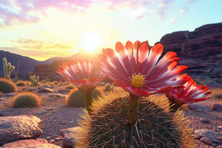 cactus flower blooming in the desert sunset, created with generative aiの素材