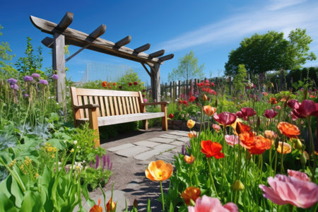 tulip garden with wooden bench and clear blue sky in the background, created with generative aiの素材