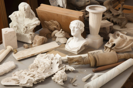 selection of materials for various sculptures and carvings, including stone, marble, wood, metal and glass, created with generative aiの素材