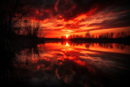 reflection of the red sunset on serene lake, created with generative aiの素材