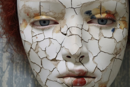 close-up of a porcelain dolls face with cracked paint, created with generative aiの素材