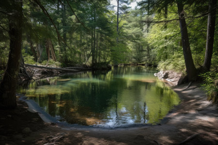 swimming hole in the midst of a forest, surrounded by tall trees, created with generative aiの素材