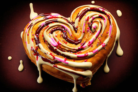 heart-shaped cinnamon roll with drizzled icing and touch of sprinkles, created with generative aiの素材