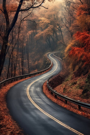 scenic winding road through a fall forest, created with generative aiの素材