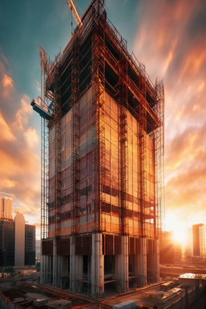 skyscraper construction with steel beams in sunset light, created with generative aiの素材
