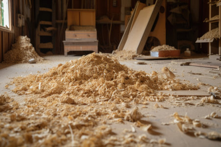 sawdust and wood shavings scattered on the floor of workshop, created with generative aiの素材