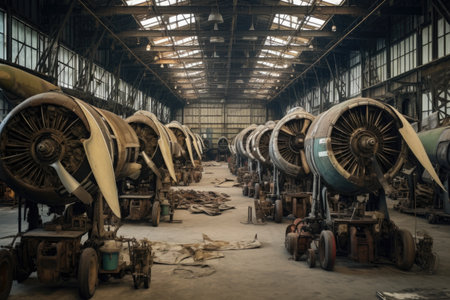 rows of disassembled airplane wings and engines, created with generative aiの素材