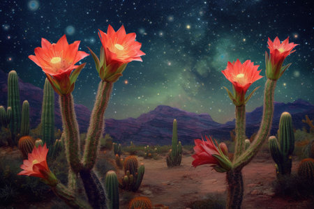 blooming cacti against a starry night sky, created with generative aiの素材