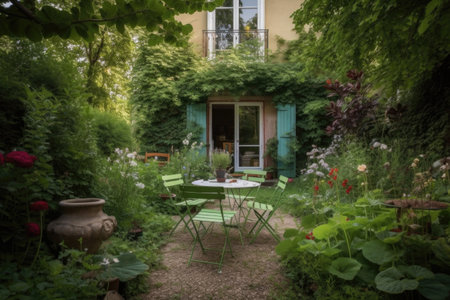 beautiful garden with bistro table and chairs for an dinner, created with generative aiの素材