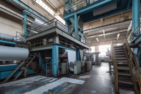 modern pulp and paper factory, with large machines and high-tech equipment, created with generative aiの素材