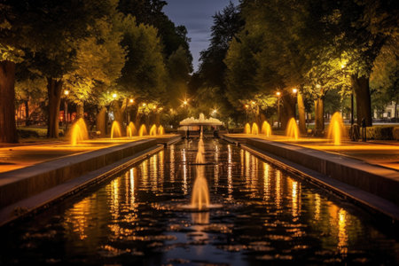 city park with illuminated fountains, created with generative aiの素材