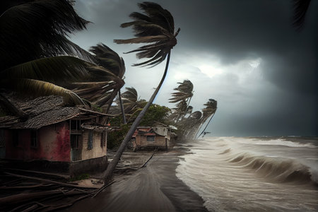 tropical cyclone, with its powerful winds and rain causing destruction in small coastal village, created with generative aiの素材