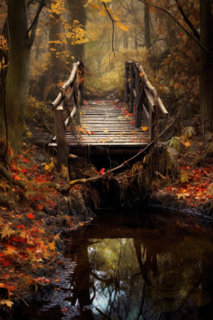 rustic wooden bridge over a leaf-filled creek, created with generative aiの素材
