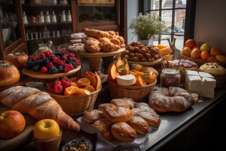 delightful display of handcrafted pastries, cheeses, and fruits, created with generative aiの素材