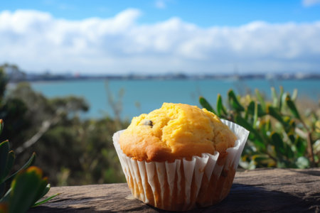yellow muffin with a view of the ocean, ready for a picnic in the park, created with generative aiの素材