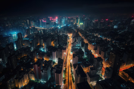 nighttime cityscape, with colorful lights shining and illuminating the streets, created with generative aiの素材