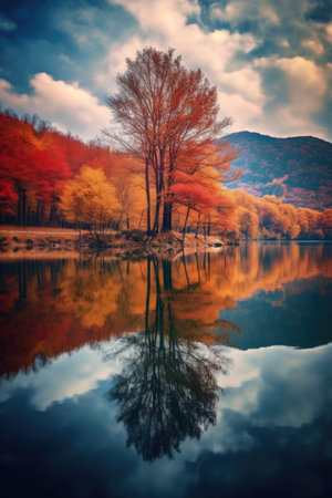 vibrant fall foliage reflected in a calm lake, created with generative aiの素材