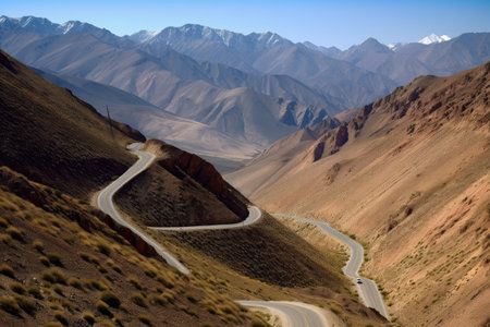 view of majestic mountain range, with a single road winding through it, created with generative aiの素材