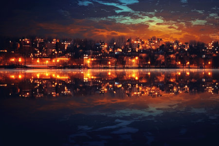 reflection of city lights on a calm river at night, created with generative aiの素材