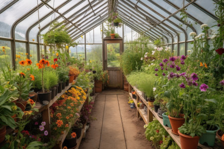 greenhouse with view of a picturesque garden, surrounded by blooming flowers and foliage, created with generative aiの素材