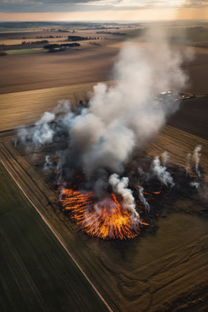 aerial view of a controlled agricultural burn in a field, created with generative aiの素材