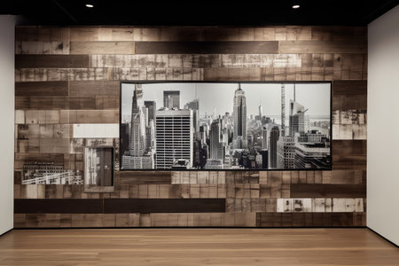 wooden paneled wall with a black and white photograph of city skyline, created with generative aiの素材