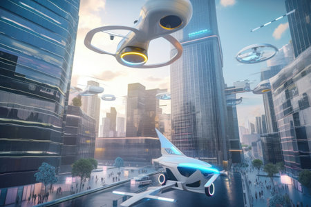 high-tech city with flying cars, robotic deliveries, and holographic billboards, created with generative aiの素材
