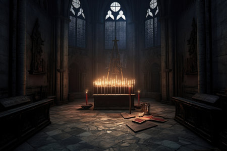 atmospheric view of gothic cathedral crypt with candlelight, created with generative aiの素材