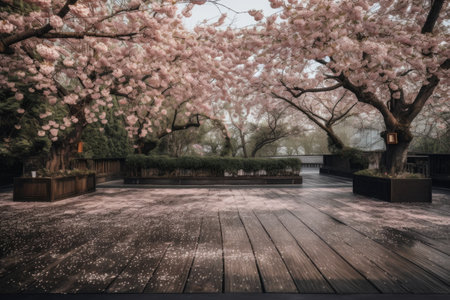 outdoor dance floor surrounded by blooming cherry blossom trees, created with generative aiの素材