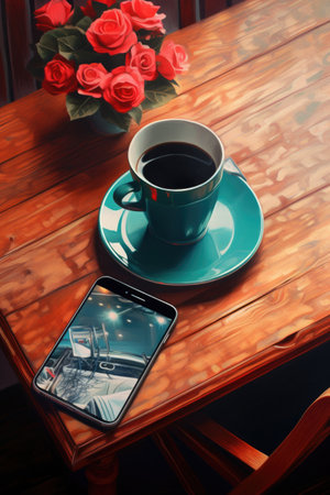 smartphone on wooden table with coffee cup, created with generative aiの素材