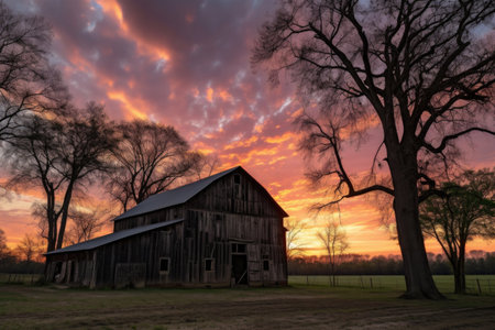 barn with towering trees and sunset sky in the background, created with generative aiの素材