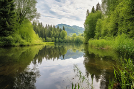 peaceful lake surrounded by lush greenery and mountains in the distance, created with generative aiの素材