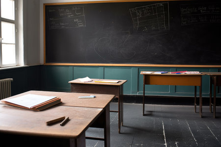 an empty classroom with a blackboard, chalk and eraser ready for the days lessons, created with generative aiの素材
