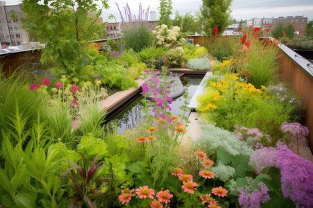 green rooftop garden with colorful blooms and water feature, created with generative aiの素材