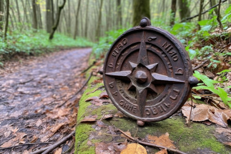 a trail marker made of cast-iron, with a compass rose and arrow pointing in the direction of travel, created with generative aiの素材