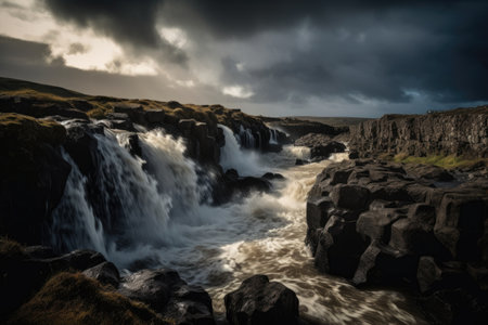 waterfall with dramatic clouds and sky in the background, created with generative aiの素材