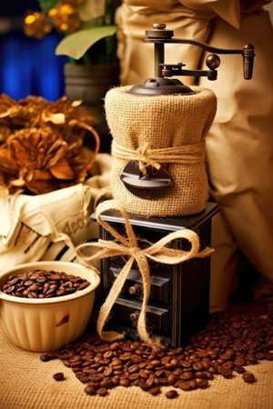 vintage coffee grinder with beans and burlap sack, created with generative aiの素材
