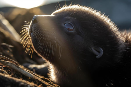 seal pup squinting its eyes against the sun, with the sun shining in the background, created with generative aiの素材
