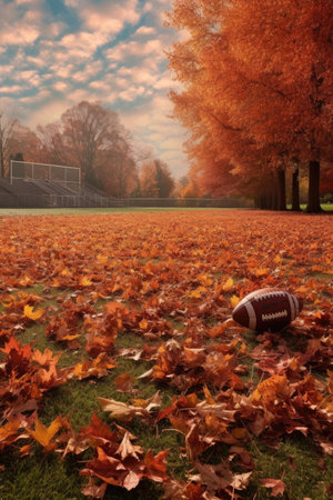 an american football field with autumn leaves scattered around, created with generative aiの素材