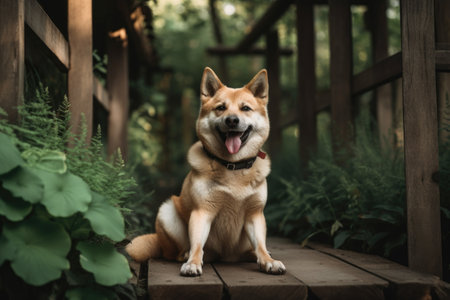 portrait of happy dog sitting on wooden deck, surrounded by greenery, created with generative aiの素材