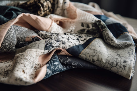 sewing project with unique and eye-catching fabric, bringing together different textures and patterns, created with generative aiの素材