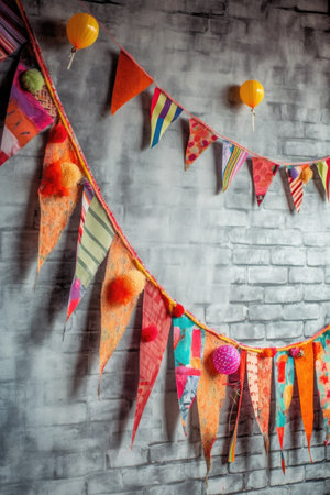 festive birthday banner or garland hanging on a wall, created with generative aiの素材
