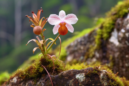 monkey face orchid with a rocky background in the wild, created with generative aiの素材
