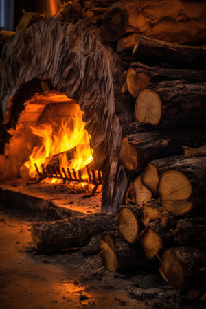 flames engulfing a log in a cozy fireplace, created with generative aiの素材