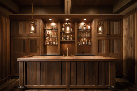 rustic bar with custom wood paneling and copper taps, created with generative aiの素材