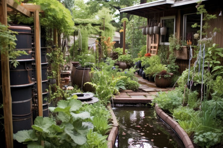 rainwater collection system in an organic garden, created with generative aiの素材