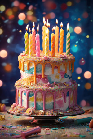 colorful birthday cake with lit candles and confetti, created with generative aiの素材